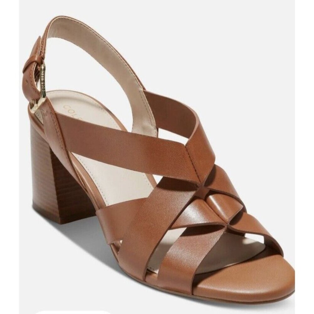 Cole Haan Womens Jamie Sandals 10 Block Heel Leather Slingback Honey Brown NEW